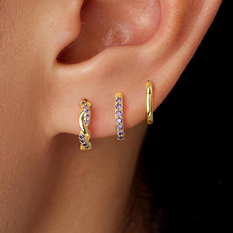 Inerney 14K Gold Plated Huggie Hoop Earrings for Women, Small Sterling Silver Earring Set Hypoallergenic Cartilage Helix Stacks, Mini Dainty Cute Trendy Birthstone Jewelry Gift for Multiple Piercings - Image 2